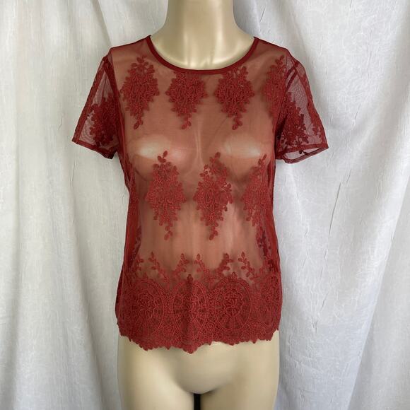 Rust Sheer Mesh Knit Lace T Shirt Scalloped Hem Forever 21 Size Small - Picture 1 of 16